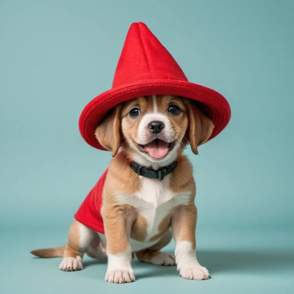 Prompt: Imagine a small puppy wearing an oversized hat that almost covers its entire body. The puppy stands upright on its hind legs, with an expression of delight on its face while sporting a hat that's nearly bigger than itself. The background is simple to focus on the cheerful puppy and its quirky fashion state