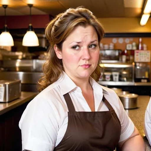 Prompt: slightly chubby determined waitress in her forties light brown hair looking behind her shoulder