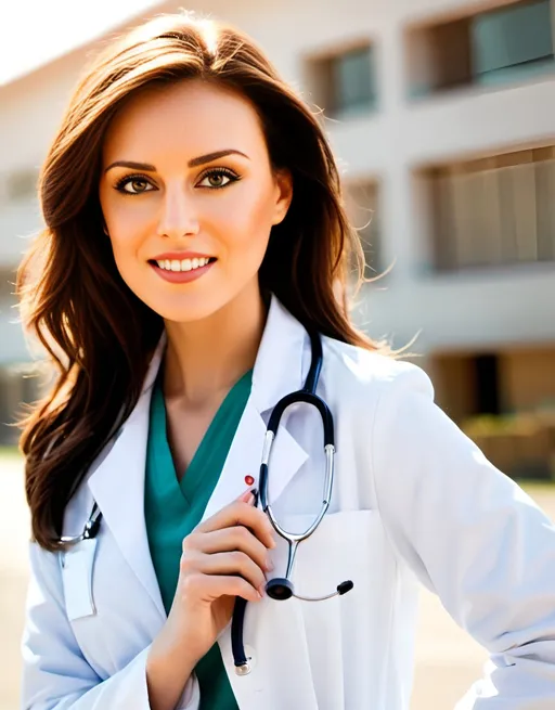 Prompt: Young and beautiful woman doctor wearing a white doctor's coat holding a stethoscope, sunny day, clean hospital, professional attire, warm and inviting atmosphere, detailed facial features, bright and vibrant colors, realistic style, natural lighting, medical setting, high quality, detailed, professional, sunny, clean, realistic, inviting atmosphere, detailed facial features, vibrant colors