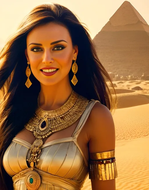 Prompt: Queen Cleopatra in ancient Egypt, joy, desert landscape, pyramids in the background, high detailed, oil painting, warm tones, golden sunlight, elegant and regal, flowing garments, alluring gaze, ornate jewelry, majestic, historical, desert setting, queenly beauty, professional, atmospheric lighting