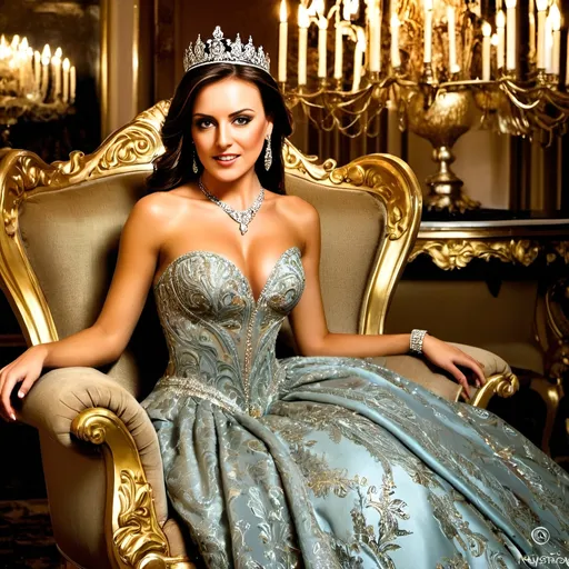 Prompt: Elegant princess in a luxurious ballroom, sparkling jewelry, majestic gown with intricate details, ornate throne, regal crown, royal atmosphere, high fashion, fine art, opulent lighting, high quality, glamorous, luxurious, detailed fabrics, royal, majestic, elegant pose, aristocratic, grandeur, elaborate jewelry, formal attire, sophisticated, extravagant, opulence, grand ballroom setting, refined beauty