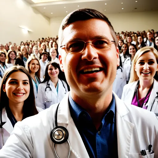 Prompt: a handsome and happy doctor wearing doctor's white coat and a stethoscope is surrounded by numerous young female doctors at a medical conference inside an enormous conference hall, cheering crowd of happy doctors