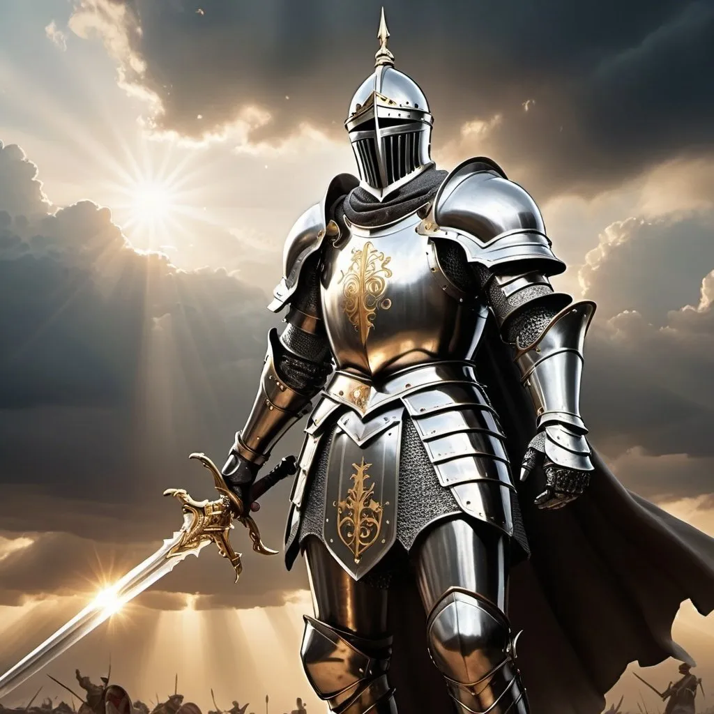 Prompt: The image depicts a majestic knight in intricate, gleaming divine armor, standing triumphantly on a battlefield. The armor is adorned with gold and silver accents, etched with sacred symbols and runes that glimmer in the light. The knight's pose is proud and victorious, holding a radiant sword high in the air.

The background features a vast battlefield with remnants of the conflict—scattered weapons, broken banners, and fallen foes. A celestial light bathes the scene, emanating from the sky and highlighting the knight, creating a striking contrast between the knight’s divine presence and the dark, chaotic surroundings.

The sky above is a mix of turbulent clouds and beams of holy light breaking through, casting a serene glow over the knight. The interplay of light and shadows adds depth and drama to the scene, emphasizing the knight's triumph and divine protection.

This image captures the essence of victory, divine intervention, and the heroic spirit of the knight.