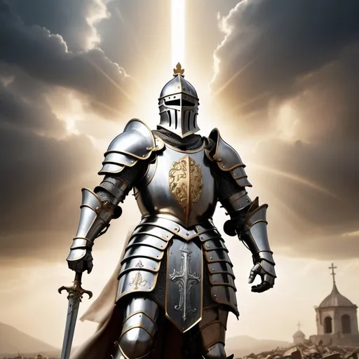 Prompt: The image depicts a majestic knight in intricate, gleaming divine armor, standing triumphantly on a battlefield. The armor is adorned with gold and silver accents, etched with sacred symbols and runes that glimmer in the light. The knight's pose is proud and victorious, holding a radiant sword high in the air, bible and shield standing next to him.

The background features a vast battlefield with remnants of the conflict—scattered weapons, broken banners, and fallen foes. A celestial light bathes the scene, emanating from the sky and highlighting the knight, creating a striking contrast between the knight’s divine presence and the dark, chaotic surroundings.

The sky above is a mix of turbulent clouds and beams of holy light breaking through, casting a serene glow over the knight. The interplay of light and shadows adds depth and drama to the scene, emphasizing the knight's triumph and divine protection.

This image captures the essence of victory, divine intervention, and the heroic spirit of the knight.