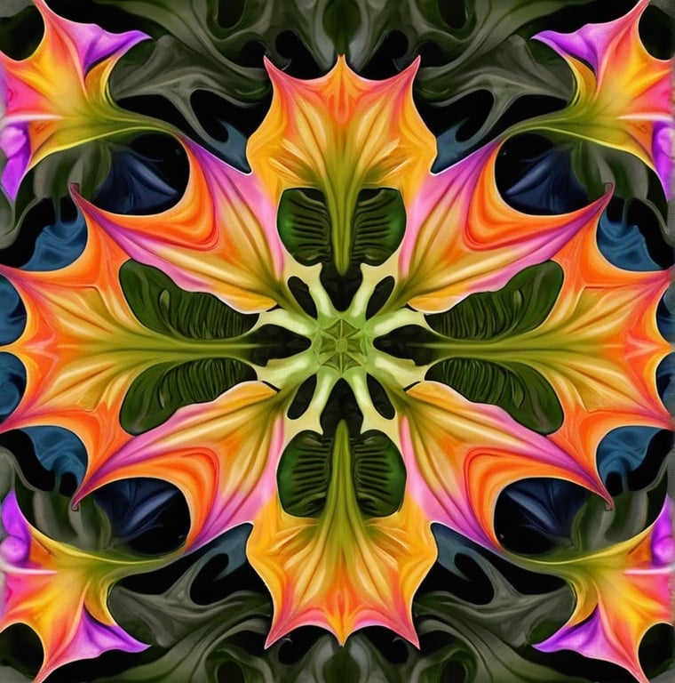 Prompt: Angels trumpet flower plant floral artistic design. with camouflage. designed for printing on a blanket. Psychedelic colors pattern. Realistic. Pattern fit to match kaleidoscope where i can add multiple of the same photos to make a kaleidoscopic pattern for printing very real. mixed with other psychedelic plants.