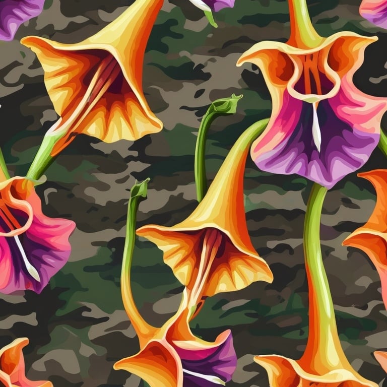 Prompt: Angels trumpet flower plant floral artistic design. with camouflage. designed for printing on a blanket. Psychedelic colors pattern. Realistic. 