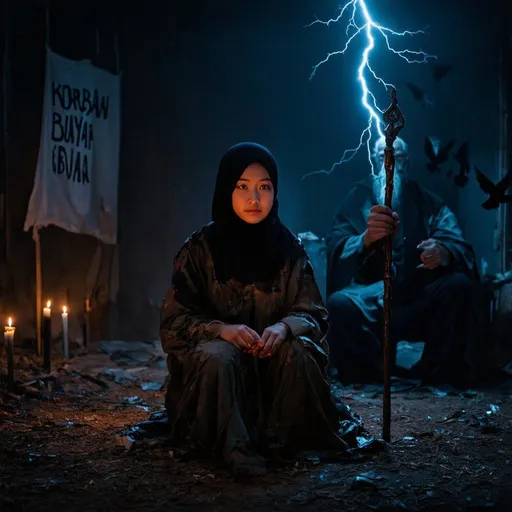 Prompt: The promotion for the film says "KORBAN
BUAYA", a Korean woman wearing a hijab with
clothes damaged like trash sits nervously while
looking at the camera.  but beside him there is
the figure of Grandfather Zeus holding a staff,
emitting lightning, with a cinema banner in the
background, seen sitting gloomy in an old,
damaged house, uninhabitable, dark, lit by
candles, black birds flying around, taken with a
sony a9 camera, very detailed