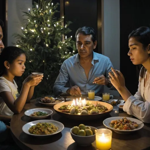 Prompt: personas en Colombia viviendo una navidad sentadas en silencio 