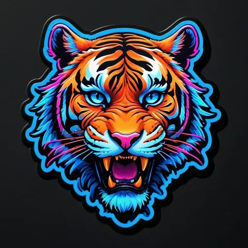 Prompt: Detailed neon illustration of a fierce tiger head, vibrant neon lights, high quality, hyper-realistic, glowing neon, detailed stripes, intense and piercing gaze, neon art, electric blue and vivid orange tones, dark atmospheric lighting, best quality, ultra-detailed, neon, wild animal, fierce, vibrant, orange, neon pink + blue dramatic lighting