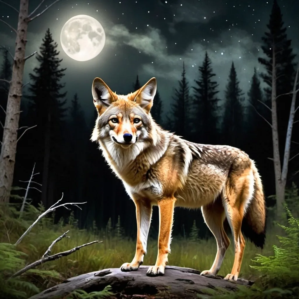 Prompt: fierce coyote in glade of forest near brook with strange sky, stars, and moon