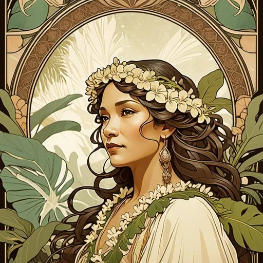 Prompt: alophonse mucha poster rendition with Hawaiian foliage and ancient hawaiian lady

