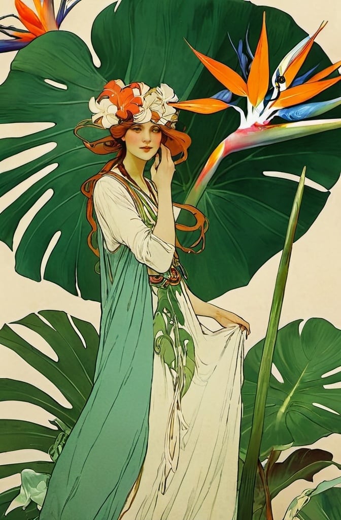 Prompt: alophonse mucha poster rendition with monstera and bird of paradise woman with haku with flower printed long sleeved dress

