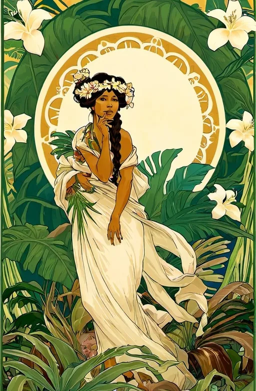 Prompt: alophonse mucha poster rendition with Hawaiian foliage and hawaiian woman with haku and palaka print muumuu

