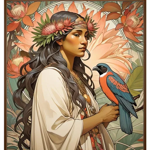 Prompt: create a alphonse mucha poster with border art with palaka printed muumuu protea flowers, and indigenous hawaiian birds on lehua tree on border and polynesia looking man with a maile lei

