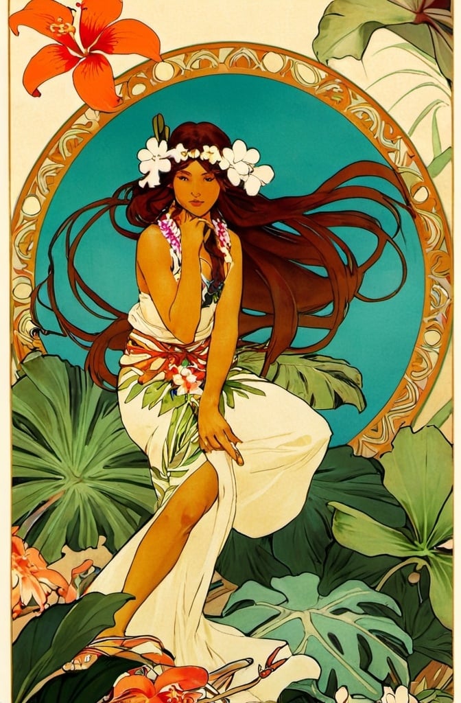 Prompt: alophonse mucha poster rendition with Hawaiian foliage and hawaiian woman with haku with flower printed holoku 

