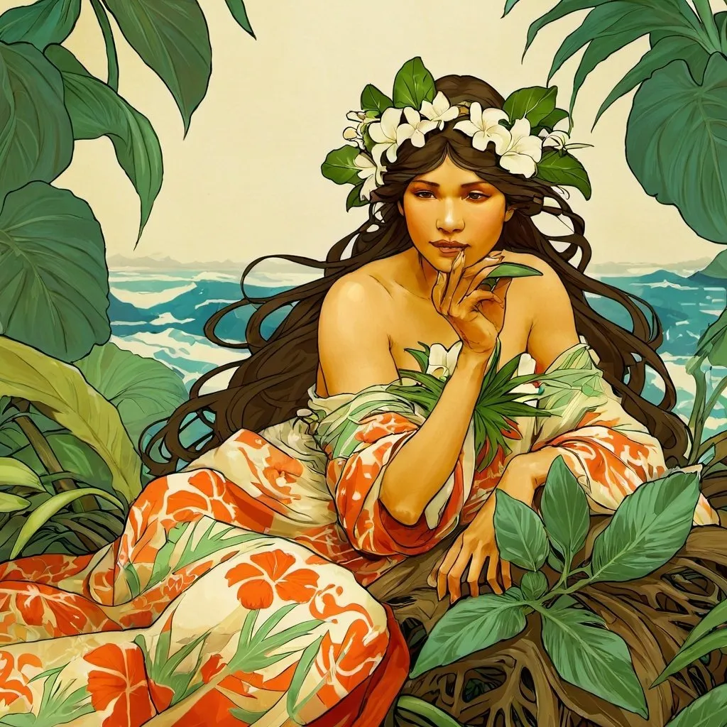 Prompt: alophonse mucha poster rendition with Hawaiian foliage and hawaiian woman with haku and palaka print muumuu

