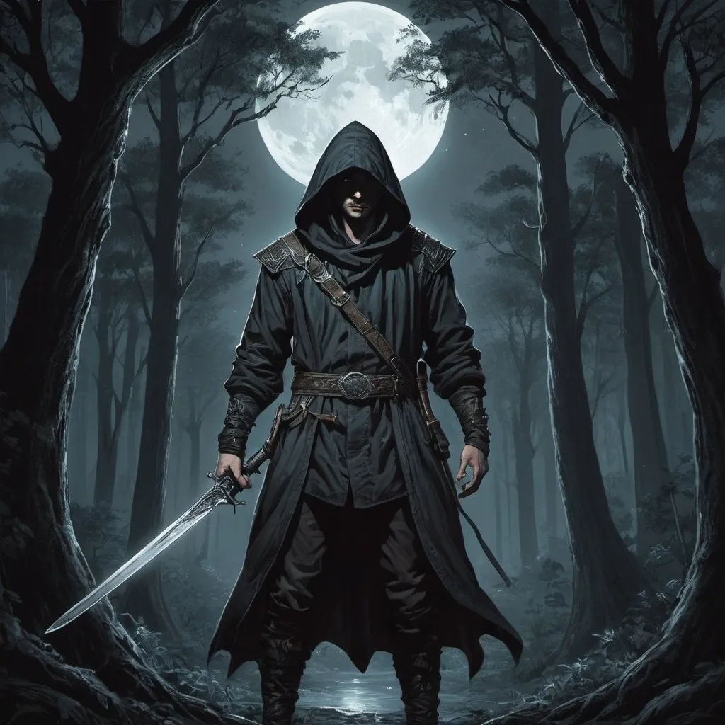 Prompt: a man in a hooded jacket holding a large sword in one hand in a dark forest area with a tree in the background, in the moonlight, ornate belt, fantasy art, Ink drawing