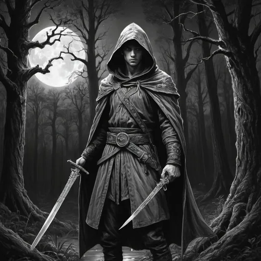 Prompt: a man in a hooded jacket holding a large sword in one hand in a dark forest area with a tree in the background, in the moonlight, ornate belt, fantasy art, B&W ink drawing