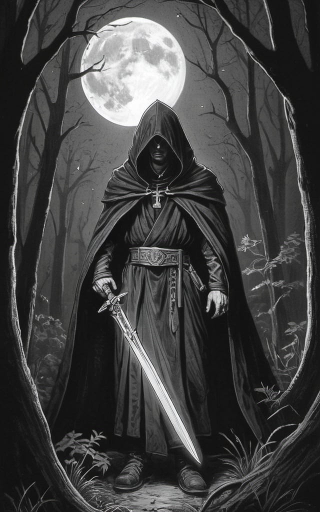 Prompt: B&W ink drawing of a cloaked and hooded sword priest in a forest in the moonlight. Studded sword belt very large hilt visible on his back


