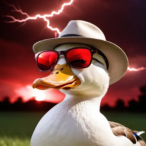 Prompt: Duck with sunglasses and a hat with red lightning in the sky behind it