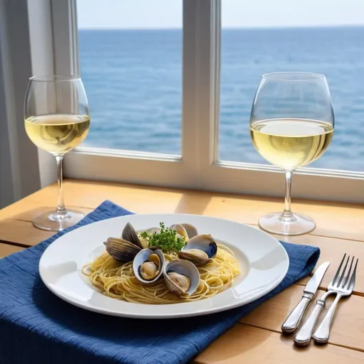 Prompt: create a still life for my cooking blog with a white round plate on a blue placemat on a wooden table at the right of the plate is a glass of white wine on the plate angel hair pasta with clams and lemon peel. The window behind shows the ocean in the distance 