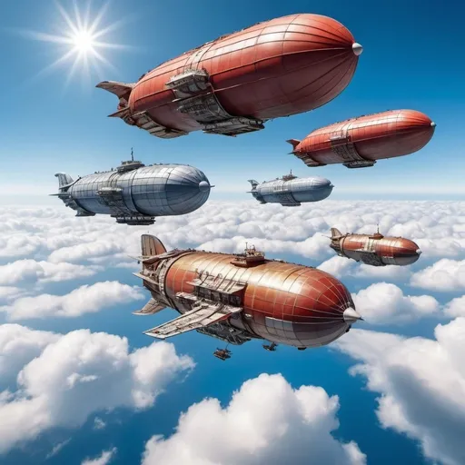 Prompt: Multiple airship warships battle above  clouds in a blue sky on a sunny day