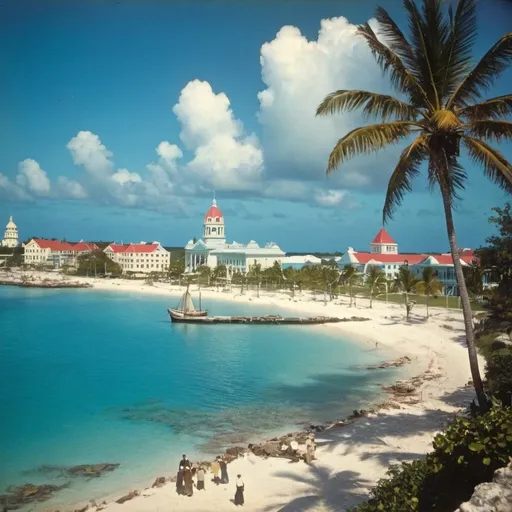 Prompt: Beautiful city on an island, 1900s, sunny, blue water, nassau