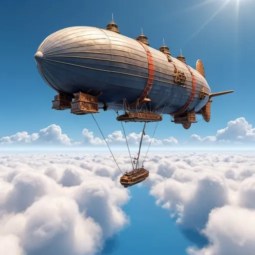 Prompt: Airship warships fly above clouds in a blue sky on a sunny day