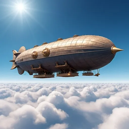 Prompt: Airship warships fly above clouds in a blue sky on a sunny day