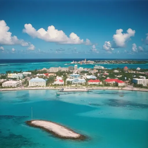 Prompt: Beautiful city on an island, 1900s, sunny, blue water, nassau