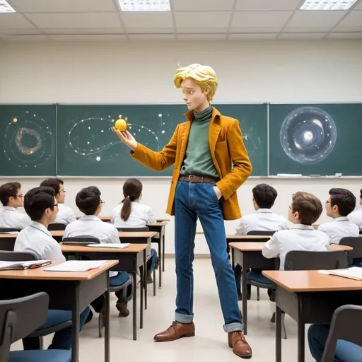 Prompt: The Little Prince as in adult male psychiatrist teacher in jean pants, teaching medical students, university lecture room, psychology class, asteroid setting