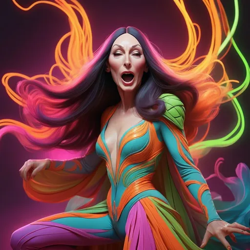 Prompt: (realistic illustration of Anjelica Huston as a mutant), vibrant (neon color palette), superpowers in action, dynamic pose, intricate costume design, expressive detailed face, dramatic lighting, whimsical atmosphere, high energy, magical background elements, ultra-detailed, cinematic quality, highly imaginative scene.