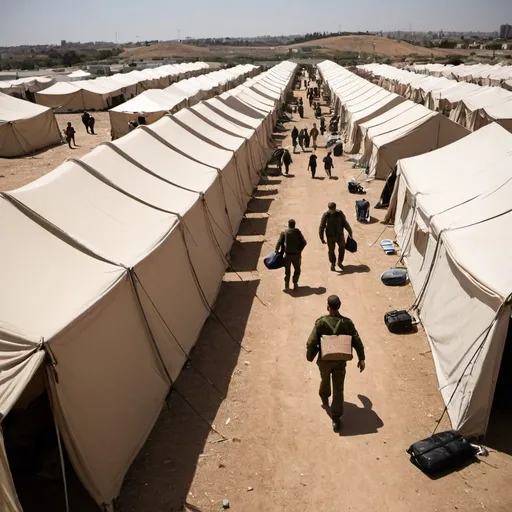 Prompt: Wide lens, a lhuge tents site with war refugees, where Israeli soldier helping them to carry their bags to a tent