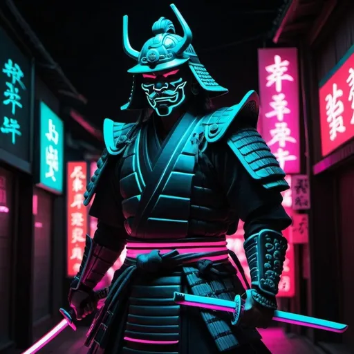 Prompt: mysterious neon samurai