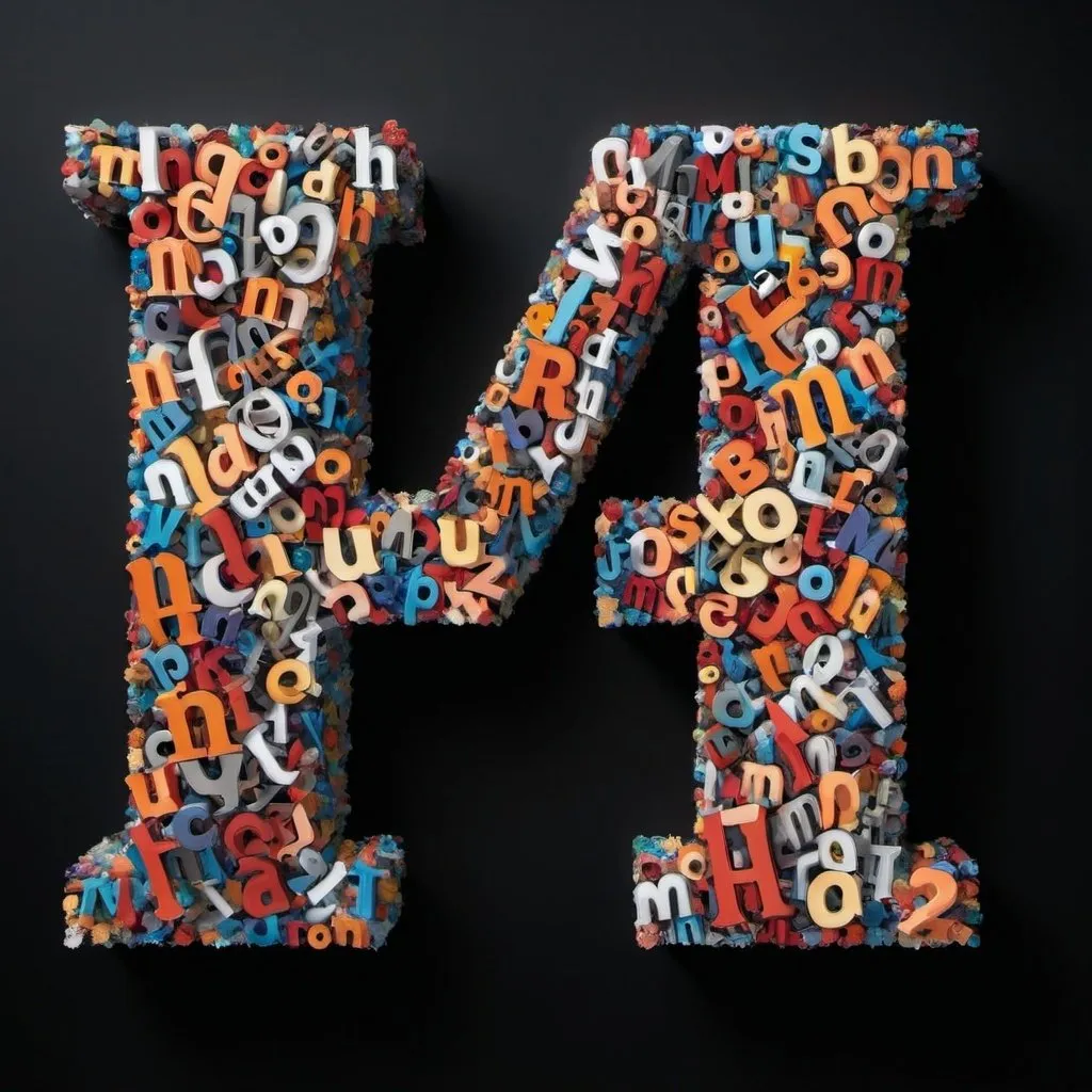 Prompt: An artwork using the letters H, 4 and M, where each letter is visible individually and M is largest in display size.