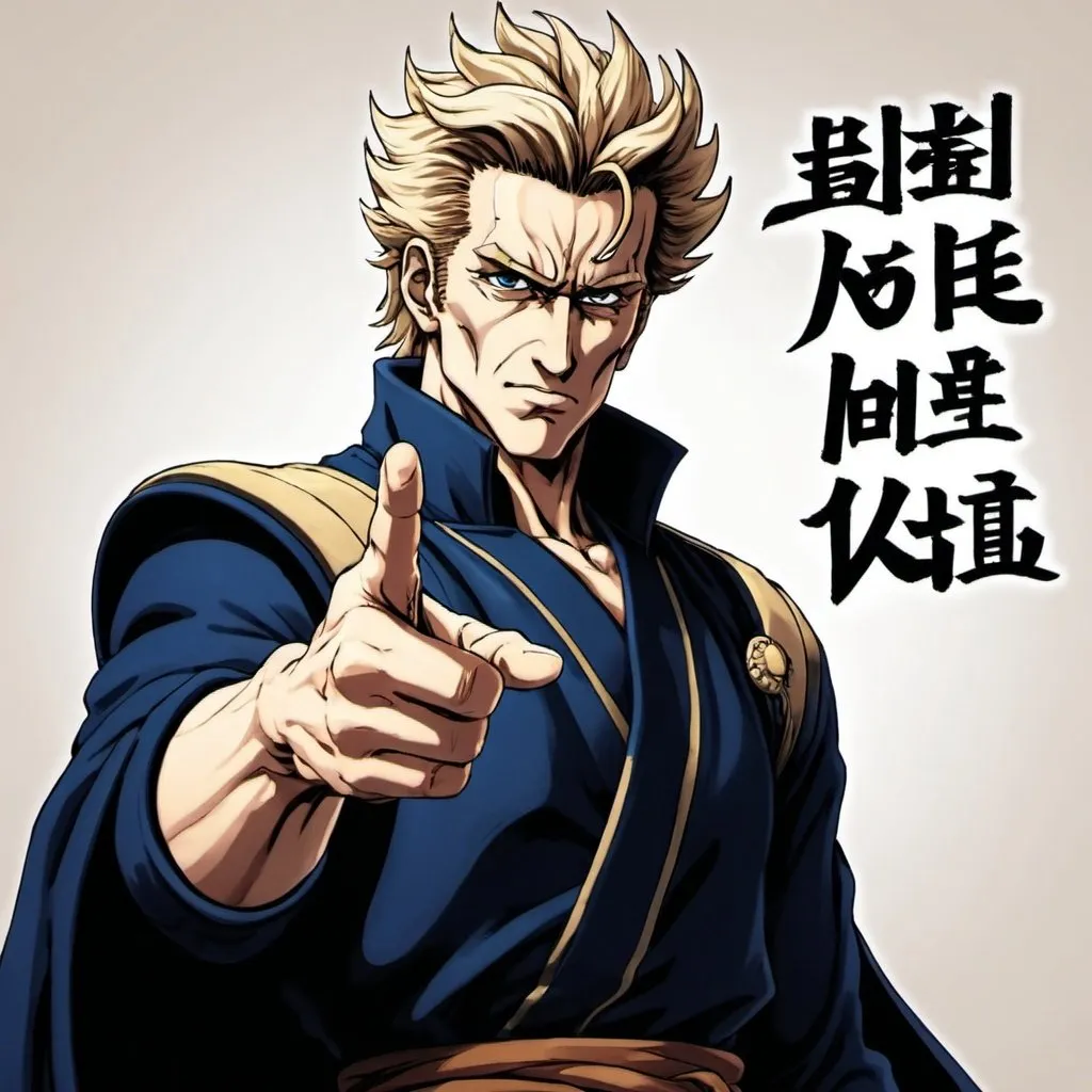 Prompt: Soren Kierkegaard pointing a finger saying:"You are already dead" in hokuto no ken anime style