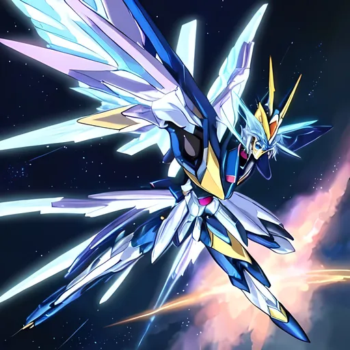 Prompt: Sapphire-colored winged Gundam flying through, vibrant colors, high quality, futuristic, mecha, sci-fi, detailed wings, radiant nebula, dynamic pose, professional, detailed face, atmospheric lighting, vibrant tones