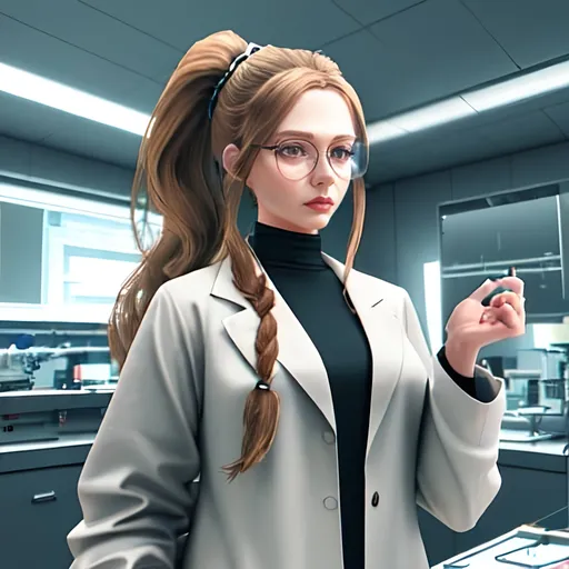 Prompt: High quality detailed 3D rendering of a medium build Caucasian woman with long brown hair tied in a ponytail wearing a lab coat and wayfarer style glasses, professional, detailed facial features, realistic lighting, sophisticated, modern, sleek design, blue tones, clear and sharp, 3D rendering, professional, laboratory setting, natural lighting