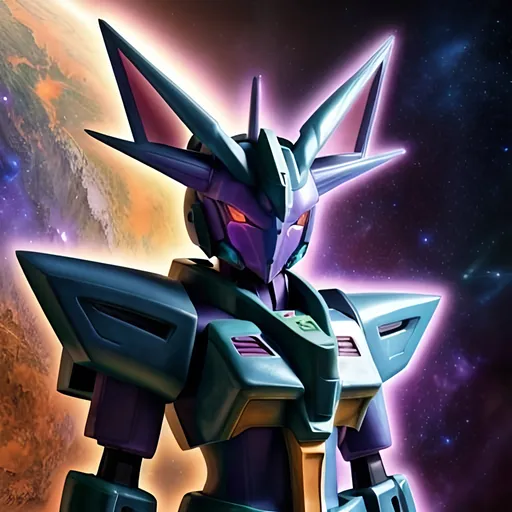 Prompt: Gundam-inspired by Espeon in realistic 4k, cosmic background, detailed armor, vibrant color palette, dynamic pose, futuristic mecha design, mystical atmosphere, intense lighting, space setting, high-quality rendering, anime, sci-fi, detailed eyes, realistic, cosmic tones