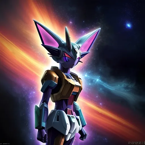 Prompt: Gundam-inspired Espeon in realistic 4k, cosmic background, detailed armor, vibrant color palette, dynamic pose, futuristic mecha design, mystical atmosphere, intense lighting, space setting, high-quality rendering, anime, sci-fi, detailed eyes, realistic, cosmic tones