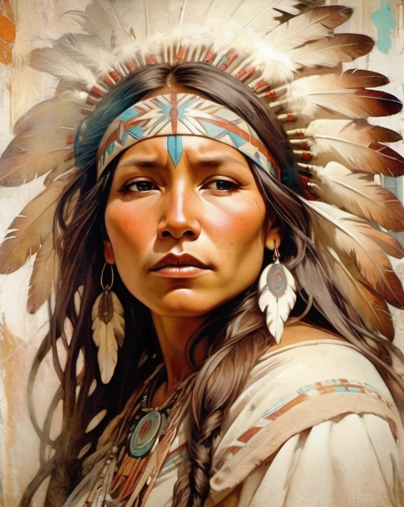 Prompt: Native American Indian Woman, lost oil painting on rough, mixed textures, vintage masterpiece, supreme color style, white washed