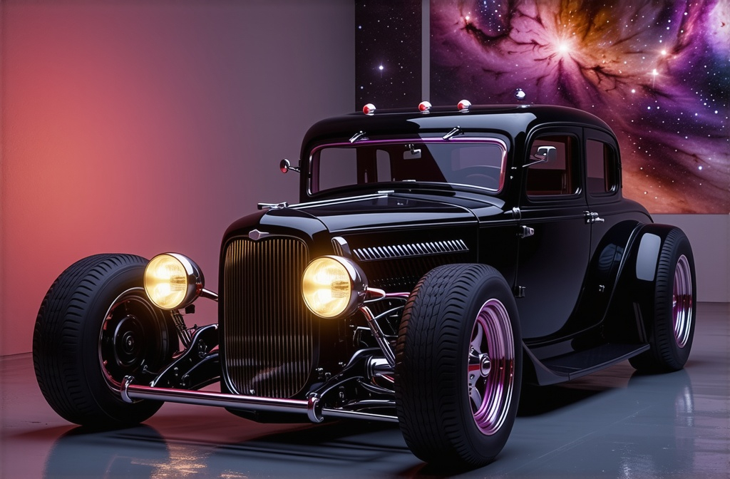 Prompt: 1850 Pontiac rat rod custom paint job, art deco, mirror finish, intricately detailed Unreal Engine, deep color, 3D, cosmic, 8K 3D