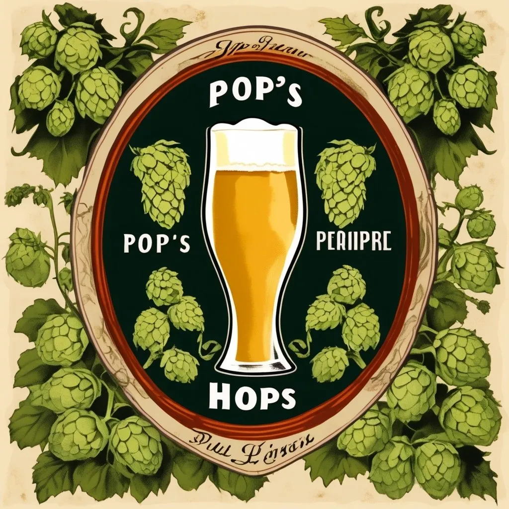 Prompt: Vintage clipart drawing of a beer label called “Pop’s Hops”