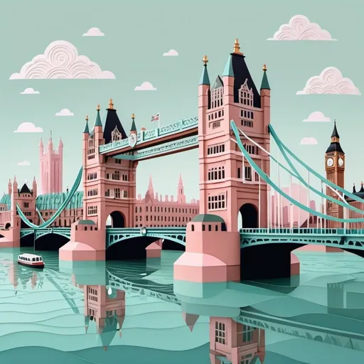 Prompt: an intricate quiled paper art style illuatration of london bridge, with a dreamy pastel color palette