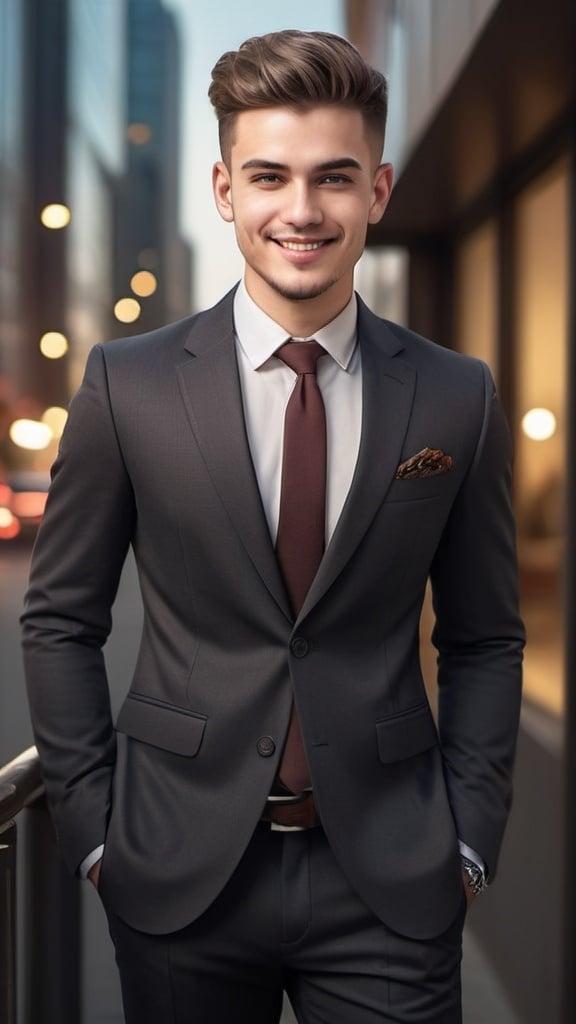 Prompt: Detailed illustration of a successful 25-year-old man, confident and stylish, realistic portrait, high-quality rendering, professional attire, modern urban setting, warm and sophisticated lighting, detailed facial features, stylish haircut, confident smile, professional demeanor, successful young adult, tailored suit, cityscape in the background, best quality, highres, urban, modern, sophisticated, warm lighting, detailed portrait, confident expression, stylish design, successful