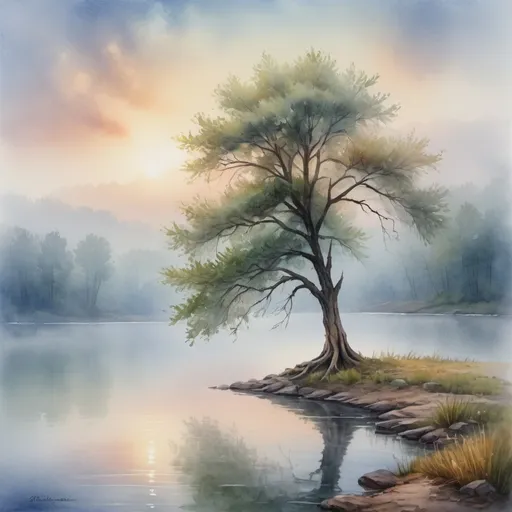 Prompt: Lonely tree at a lake, oil painting, misty morning, high quality, watercolor, magical, serene atmosphere, detailed expression, calm waters, foggy backdrop, contemplative mood, peaceful solitude, soothing color palette, soft natural lighting