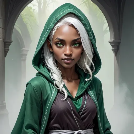 Prompt: petite athletic body large full lips female half drow with green hooded robes robes with green eyes and dark skin and white hair