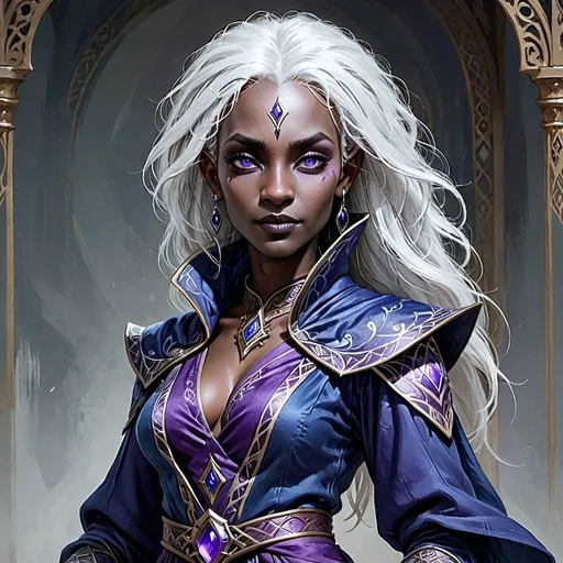 Prompt: middle age female half drow ornate blue robes with purple eyes and dark skin and white hair
