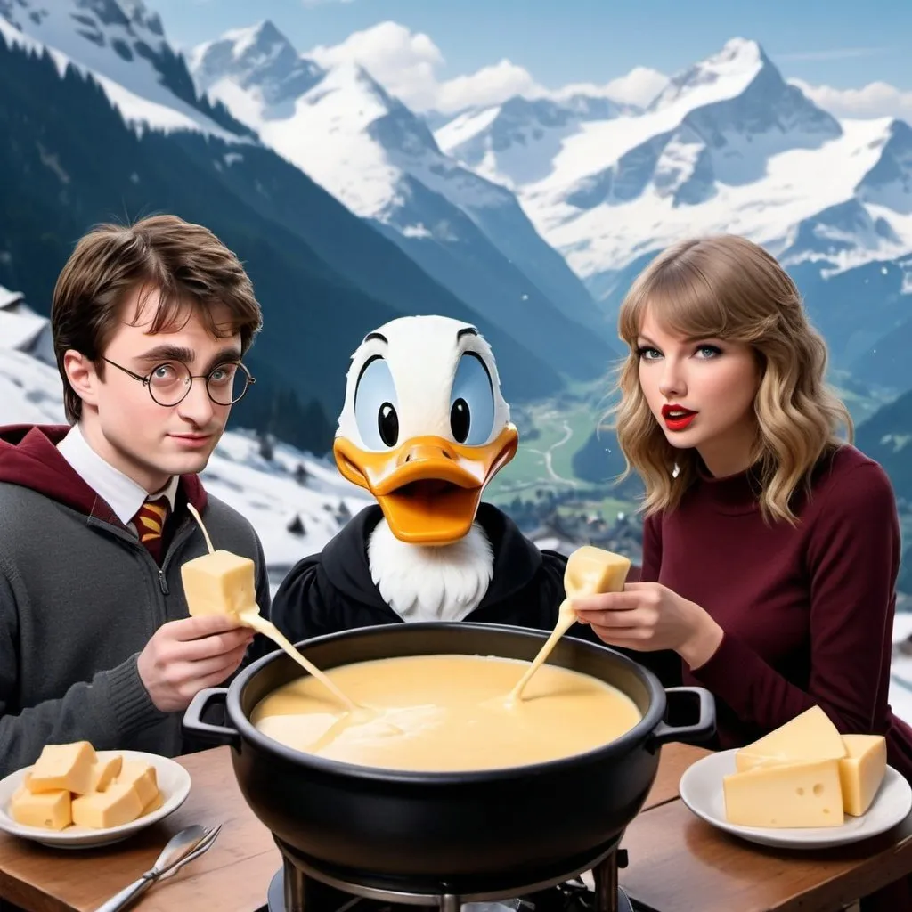 Prompt: Harry Potter, Donald Duck and Taylor swift having cheese fondue in the Swiss mountains in high realism 

