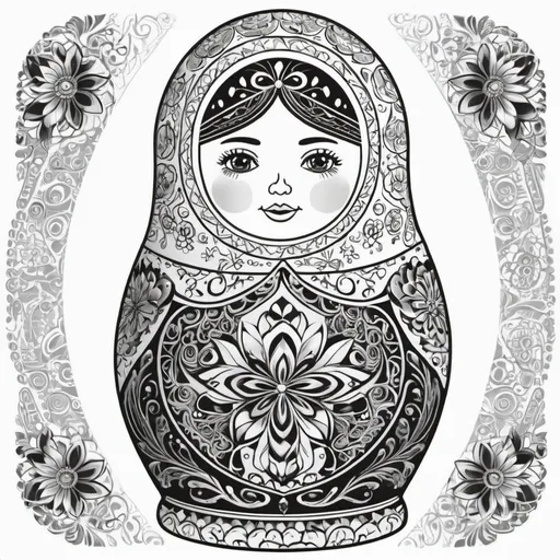 Prompt: Russian nesting doll with intricate patterns inside of it, no shading, no background, thick lines, for colouring book, black and white only